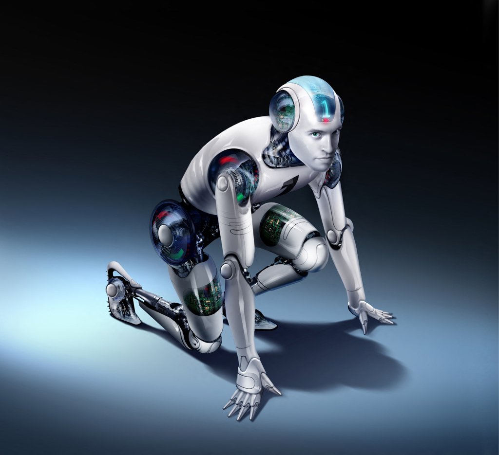 Illustration, robot, in starting position for a race