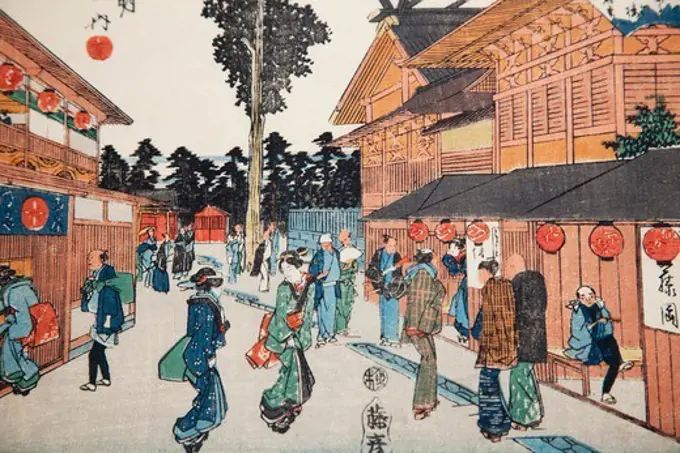 Japan,Tokyo,Ryogoku,Edo Tokyo Museum,Ukiyo-e Print depicting Famous Restaurants in Edo (Old Tokyo) dated 1835