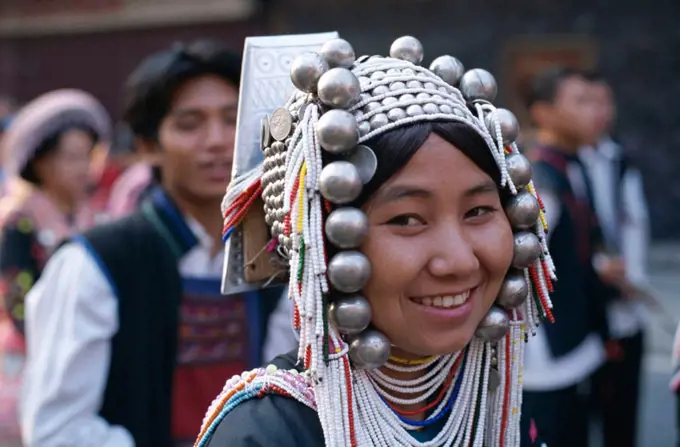Hill Tribe People / Akha Tribe / Girl Wearing Ornate Headdress, Chiang Mai, Golden Triangle, Thailand