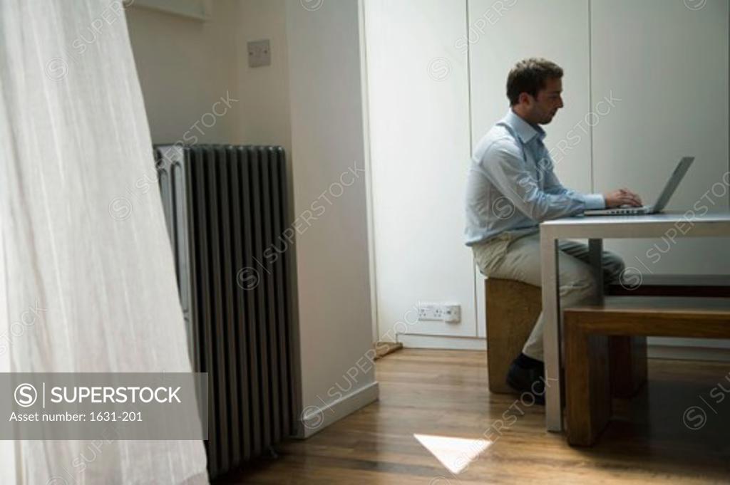 Stock Photo: 1631-201 Side profile of a young man using a laptop