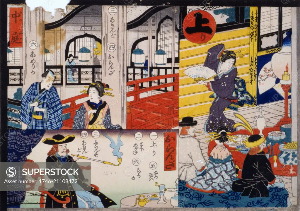 Japanese print showing three scenes from part of a Sugoroku game board. By Hiroshige Utagawa (1826-1869). Dated 1860
