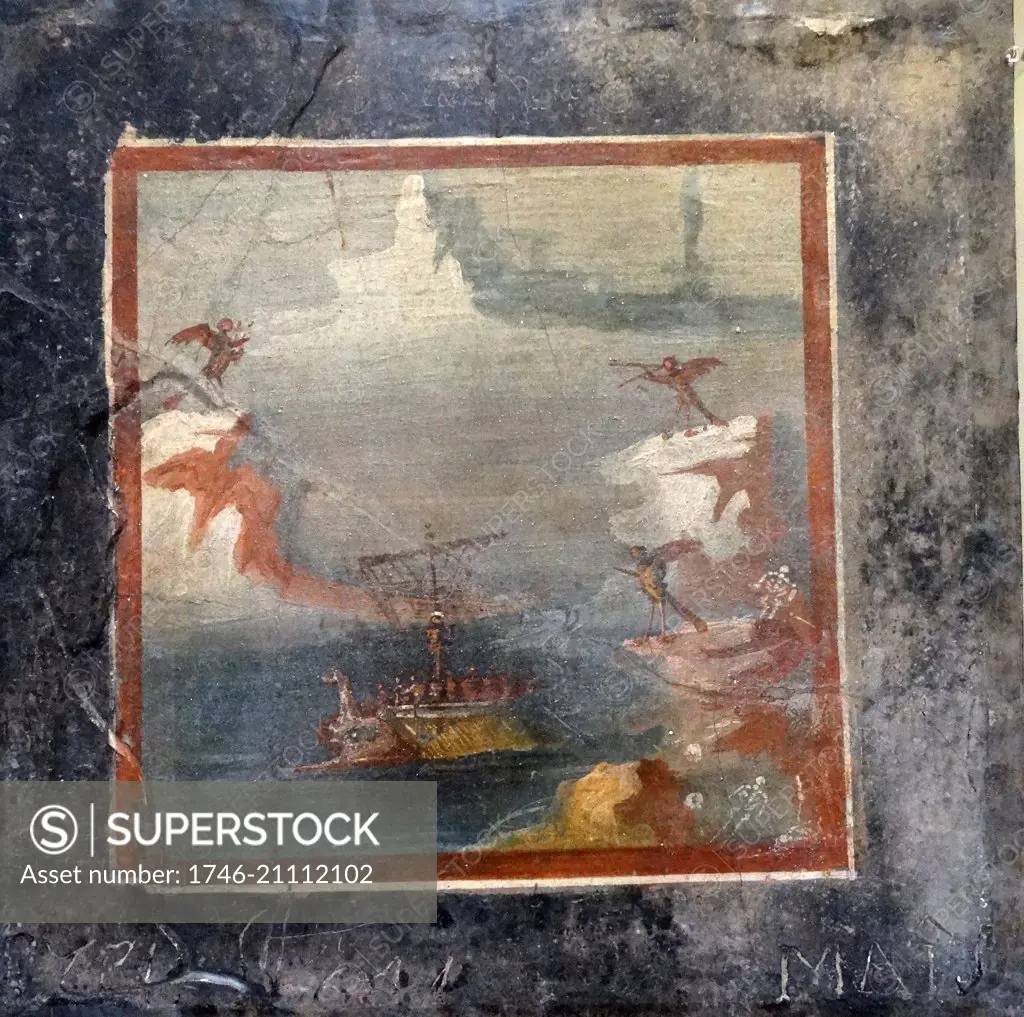Roman fresco panel from a painted wall: Ulysses resists the songs of the Sirens Roman, about AD 50-75 From Pompeii. Ulysses is tied to the mast of his ship. The Sirens perch on high rocks