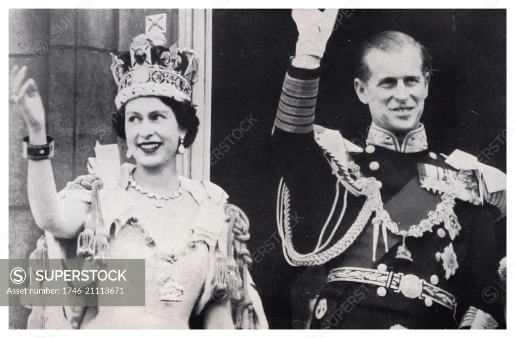 Queen Elizabeth II and Prince Phillip wave from Buckingham Palace in London following the coronation in 1953