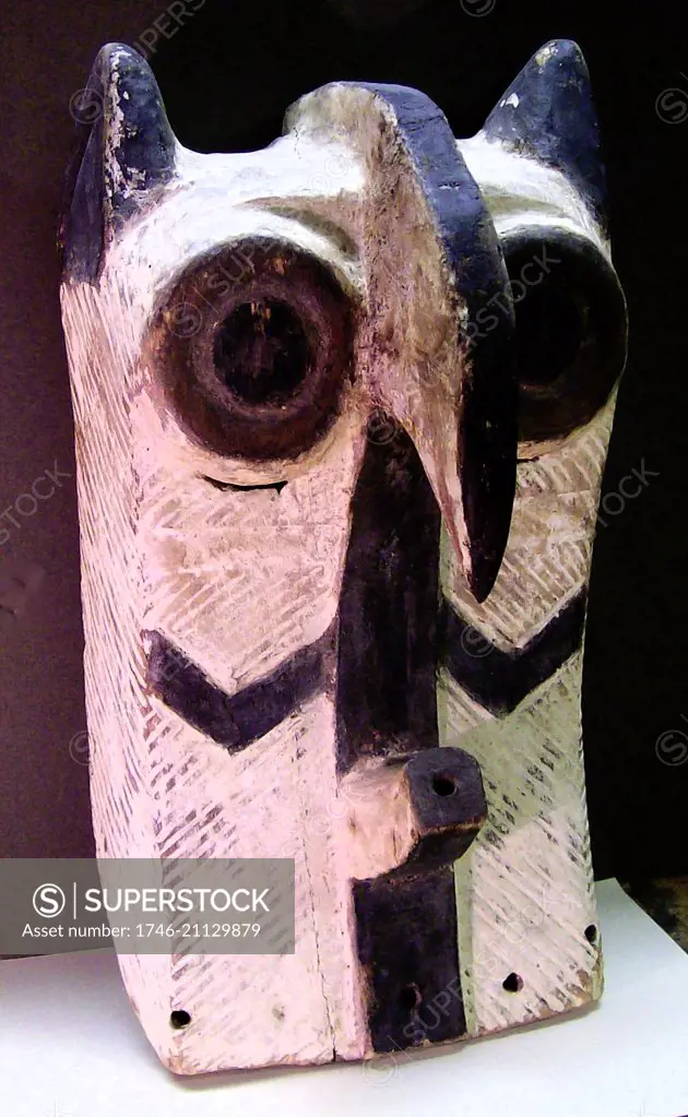Tribal art: Kifwebe owl mask, Songe tribe, Congo, Africa.