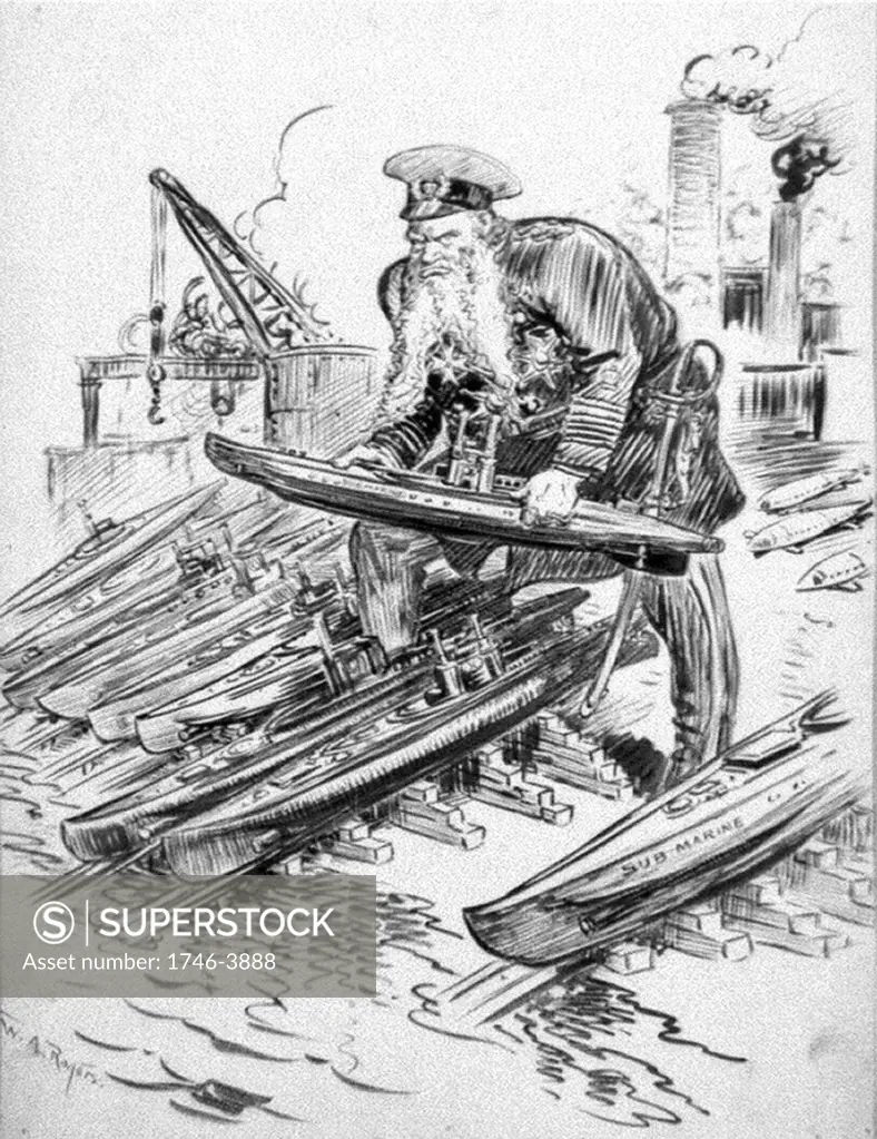 German Grand Admiral Alfred von Tirpitz (1849-1930) with his answer to British naval strength. He promoted unrestricted submarine warfare. William Allen Rogers (1854-1931) American artist. World War I 1914-1918. Naval