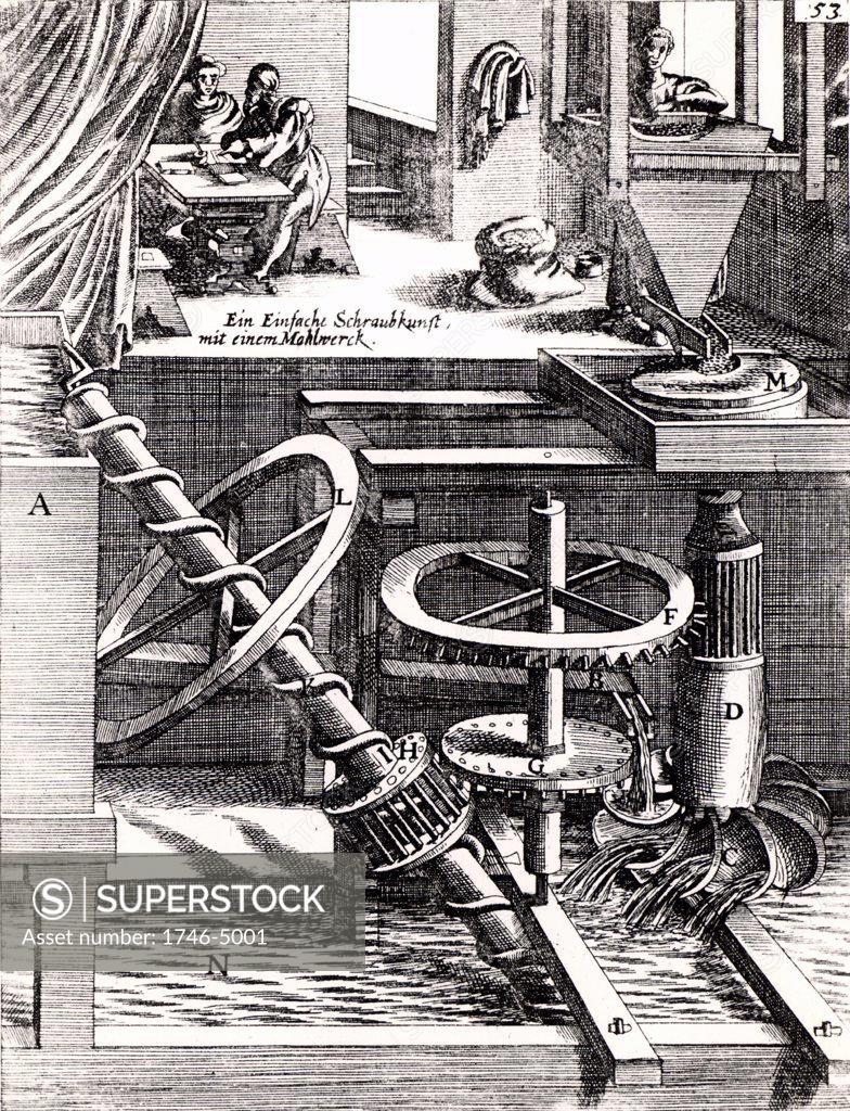 Stock Photo: 1746-5001 Perpetual motion:  Grinding mill driven by horizontal water wheel, which is itself driven by water from a cistern.  The wheel is supposed also to raise water to the cistern by an Archimedean screw.  The wheel, C, has curved blades, an early form of water turbine.  Engraving from Theatrum Machinarum Novum by George Andreas Bockler (Nuremberg, 1673).