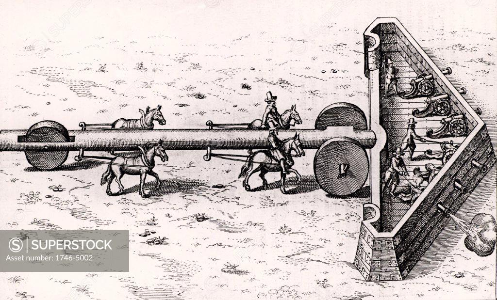 Stock Photo: 1746-5002 Proposed method of moving artillery battery towards the enemy while giving some protection to the guns and gunners. Engraving from Utriusque cosmi ... historia by Robert Fludd (Oppenheim, 1617-1619).