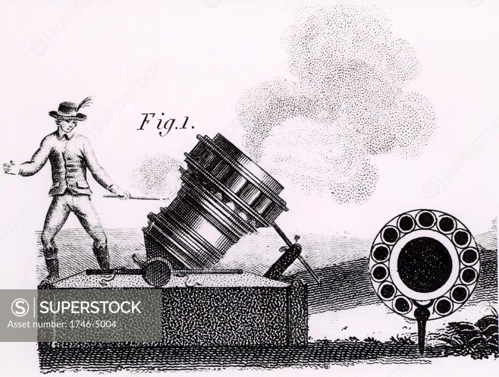 Stock Photo: 1746-5004 A mortar firing 'partridges', showing the barrel in cross-section.  A large bomb was placed in the centre chamber and a number of smaller ones like hand grenades in the surrounding chambers. When fired, the projectiles were hurled towards the target like a covey of partridge.  Stipple engraving from Encyclopaedia Londinensis Vol II (London, c1800).
