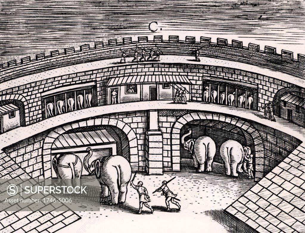 Stock Photo: 1746-5006 Roman army stables with elephants at ground level, with horses on the upper level.   From Poliorceticon by Justus Lipsius (Antwerp, 1605). Copperplate engraving.