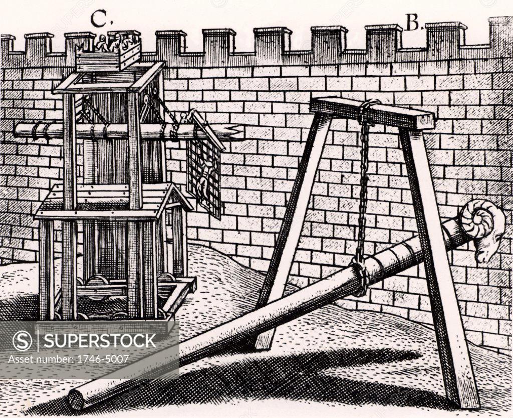 Stock Photo: 1746-5007 Roman soldiers using two forms of battering ram against the walls of a fortress.  B is hung on a chain hanging from a frame, so enabling the men to concentrate their strength on thrusting the battering ram forward rather than the simpler form carried on their shoulders. C is mounted on a siege tower.  From Poliorceticon sive de machinis tormentis telis by Justus Lipsius (Joost Lips) (Antwerp, 1605). Engraving.