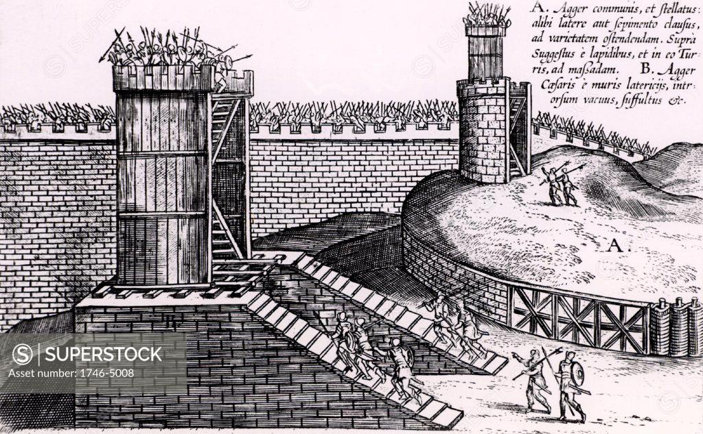 Stock Photo: 1746-5008 Roman siege towers positioned to give attackers the advantage of height above the city walls. From Poliorceticon sive de machinis tormentis telis by Justus Lipsius (Joost Lips) (Antwerp, 1605). Engraving.