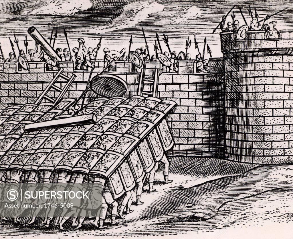 Stock Photo: 1746-5009 Roman soldier forming a 'tortoise' with their shields, thus enabling them to approach the walls of a besieged city.   From Poliorceticon sive de machinis tormentis telis by Justus Lipsius (Joost Lips) (Antwerp, 1605). Engraving.