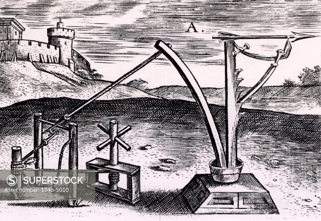 Stock Photo: 1746-5010 Reconstruction of a Roman machine for shooting arrows wound up ready for the missile to be released. From Poliorceticon sive de machinis tormentis telis by Justus Lipsius (Joost Lips) (Antwerp, 1605). Engraving.