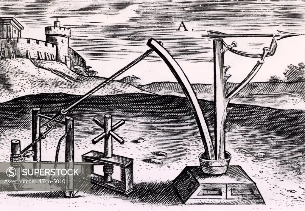 Reconstruction of a Roman machine for shooting arrows wound up ready for the missile to be released. From Poliorceticon sive de machinis tormentis telis by Justus Lipsius (Joost Lips) (Antwerp, 1605). Engraving.