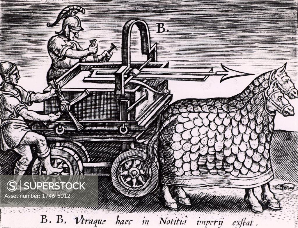 Stock Photo: 1746-5012 Roman machine for firing arrows mounted on a carriage drawn by two mailed horses. From Poliorceticon sive de machinis tormentis telis by Justus Lipsius (Joost Lips) (Antwerp, 1605). Engraving.