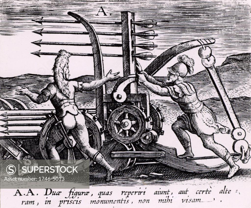 Stock Photo: 1746-5013 Reconstruction of a Roman war engine for firing a salvo of arrows, sometimes referred to as a Scorpion. From Poliorceticon sive de machinis tormentis telis by Justus Lipsius (Joost Lips) (Antwerp, 1605). Engraving.