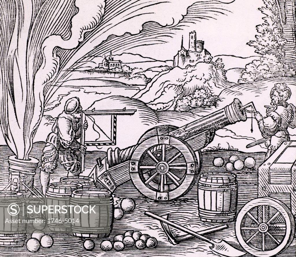 Stock Photo: 1746-5014 Gunners calculating the elevation of a piece of artillery using a clinometer and a quadrant marked with shadow scales.  Around them are barrels of gunpowder, cannon balls of various sizes.  On the left a mortar is being discharged.    From Architechtur .. Mathematischen .. Kunst  by Gaultherius Rivius (Nuremberg, 1547). Woodcut.