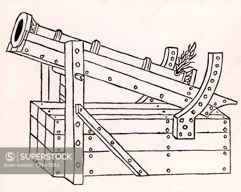 Stock Photo: 1746-5016 Cannon formed of iron staves hooped together and mounted on a primitive gun carriage. The elevation of the gun could be moving the rod on the front pillar into a different slot.    From De re militari by Roberto Valturio (Verona, 1472).  Woodcut.