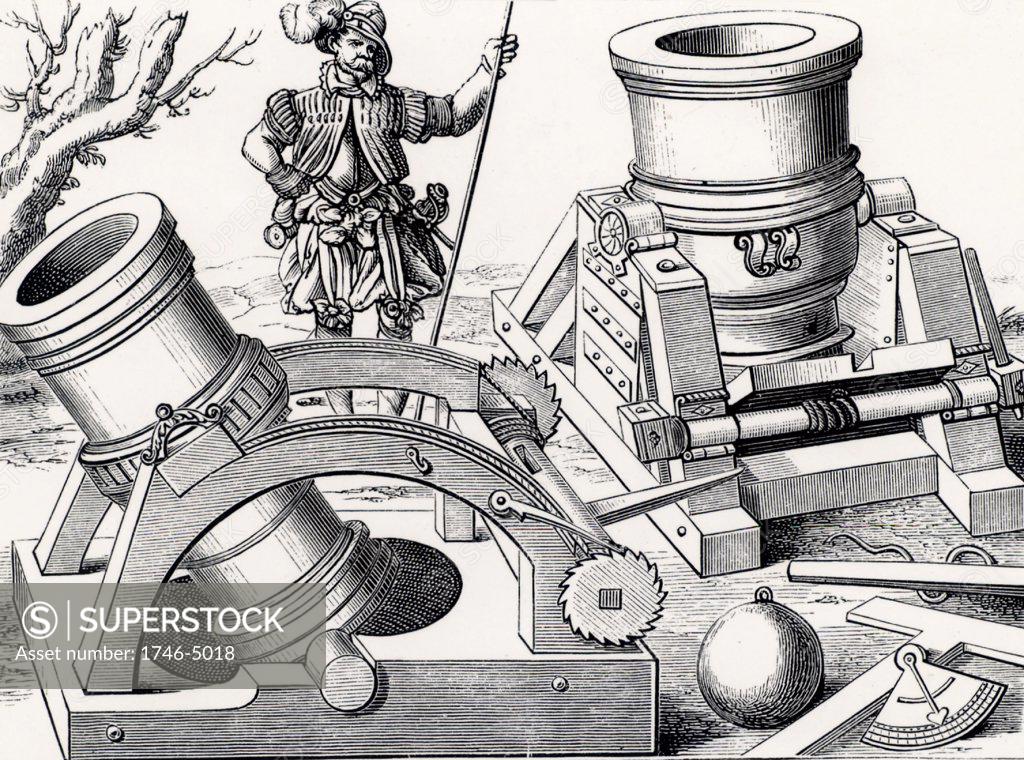 Stock Photo: 1746-5018 Bombards on portable gun carriages.  In the front right corner is a clinometer for measuring the elevation of the guns. Engraving from Kriegsbuch by Leonhardt Fronsperger (Frankfort, 1575).