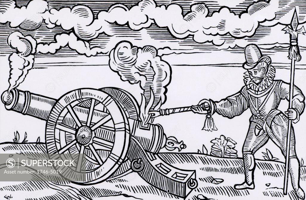 Stock Photo: 1746-5019 Master gunner firing a cannon by applying fire to the breech. Woodcut from Tavels by Edward Webbe (London, 1590).