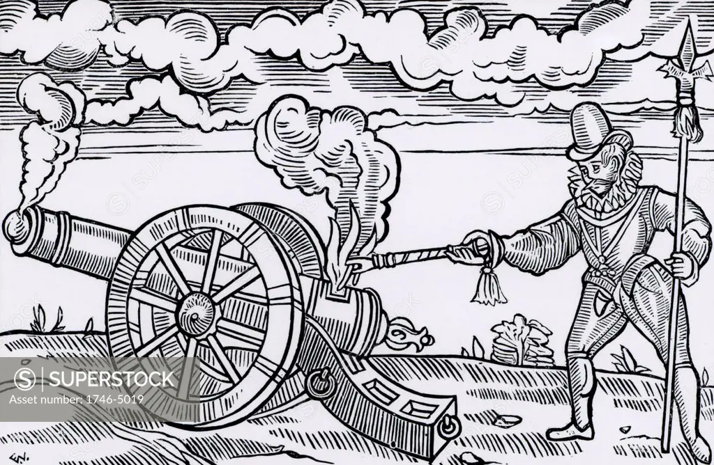Master gunner firing a cannon by applying fire to the breech. Woodcut from Tavels by Edward Webbe (London, 1590).
