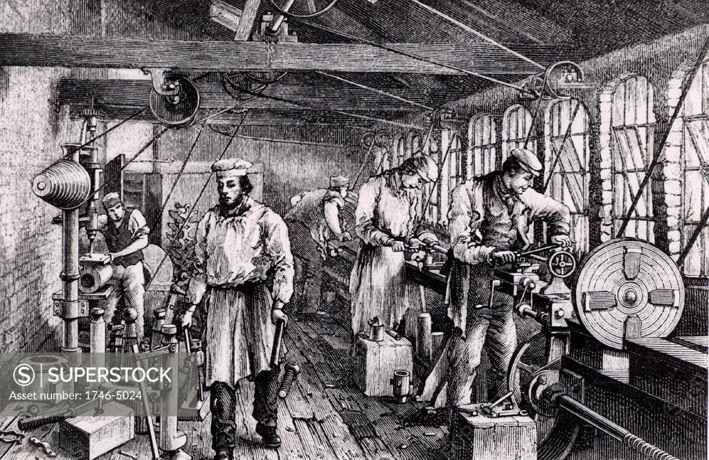 Stock Photo: 1746-5024 Small engineering works in which the Tangy brothers made machine tools in the 1850s. From One and All by Richard Tangye (London, c1889).  Richard Tangye (1833-1906) English engineer of Cornish Quaker origin, supplied hydraulic jacks for the launch of the SS Great Eastern. He instituted Saturday half holiday for his factory workers.