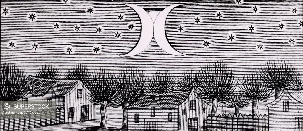 The comet of 812 directly approaching Earth. The crescent shapes are really streamers from the tail seen head-on, the central part of the crescents and the white patch above where they join is the head of the comet.  From Historia universalis omulum cometarum by Stanislaus de Lubienietski (Amsterdam, 1666). Engraving.