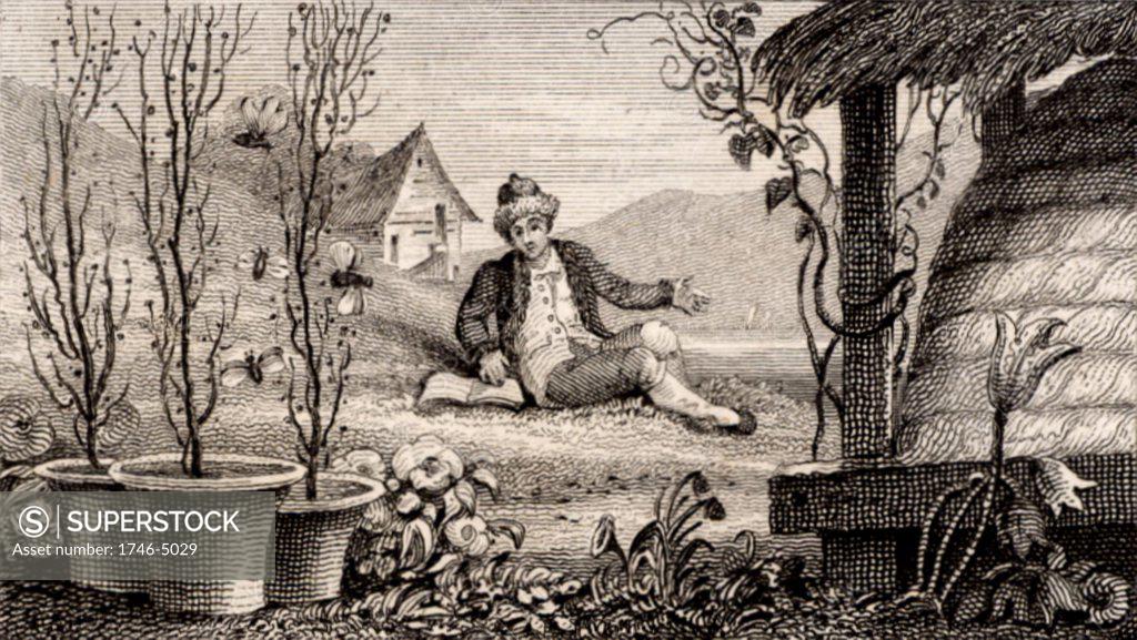 Stock Photo: 1746-5029 Francis Huber (1750-c1831) the blind Swiss naturalist, studied the habits of bees with the aid of his servant. Here the servant is acting as his employer's eyes and watching the bees. Engraving from Scenes of Industry (London, 1830).