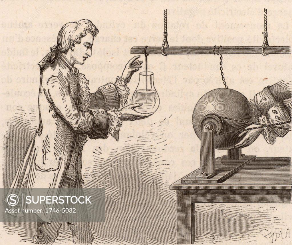 Stock Photo: 1746-5032 The origin of the Leyden Jar. Andreas Cuneus (1712-1778) Dutch lawyer and scientist, in the laboratory of Pieter von Musschenbroek (1692-1761),  attempting to electrify water contained in a bottle with the charge created by the friction from a glass globe static electric machine, Leyden, 1746.  Musschenbroek repeated the experiment and was surprised by the electric shock he received.  Engraving from Electricity in the Service of Man by Amedee Guillemin (London, 1891).