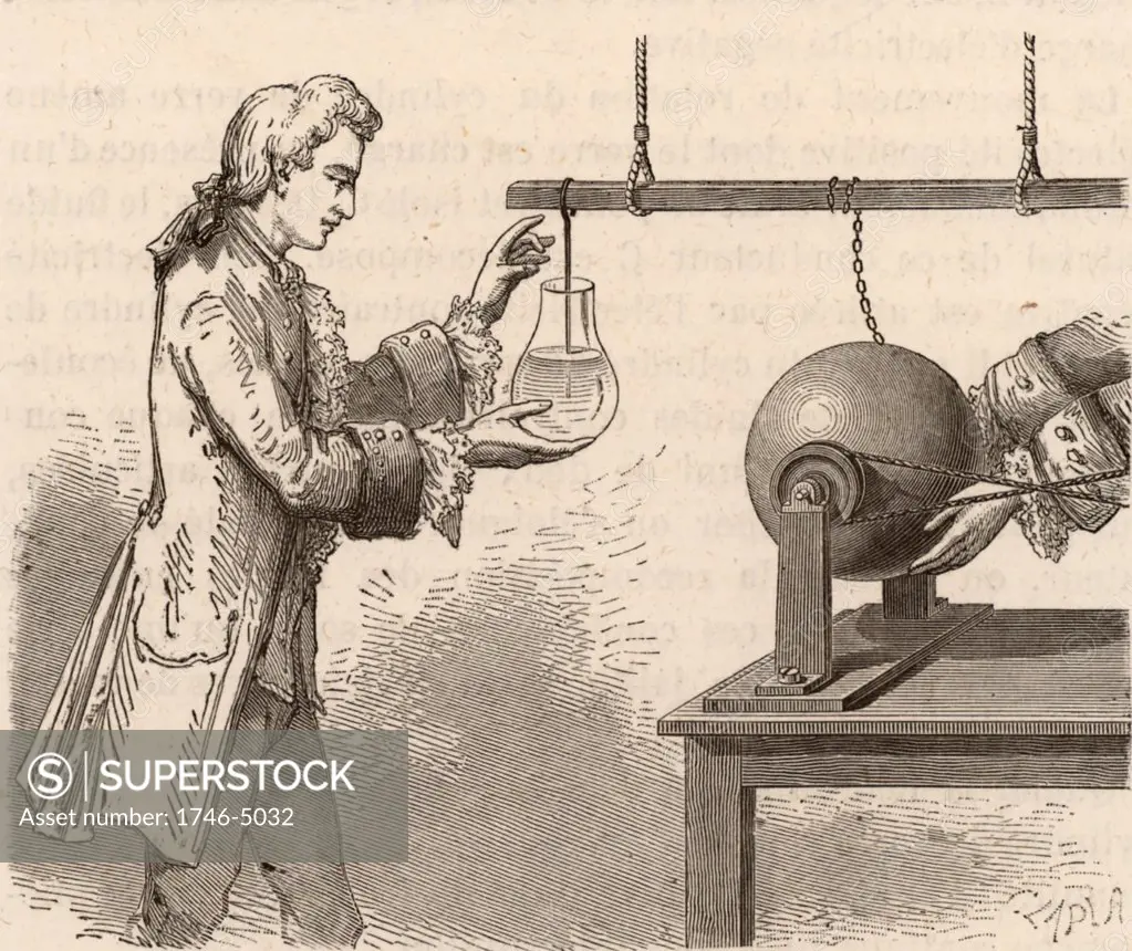 The origin of the Leyden Jar. Andreas Cuneus (1712-1778) Dutch lawyer and scientist, in the laboratory of Pieter von Musschenbroek (1692-1761),  attempting to electrify water contained in a bottle with the charge created by the friction from a glass globe static electric machine, Leyden, 1746.  Musschenbroek repeated the experiment and was surprised by the electric shock he received.  Engraving from Electricity in the Service of Man by Amedee Guillemin (London, 1891).