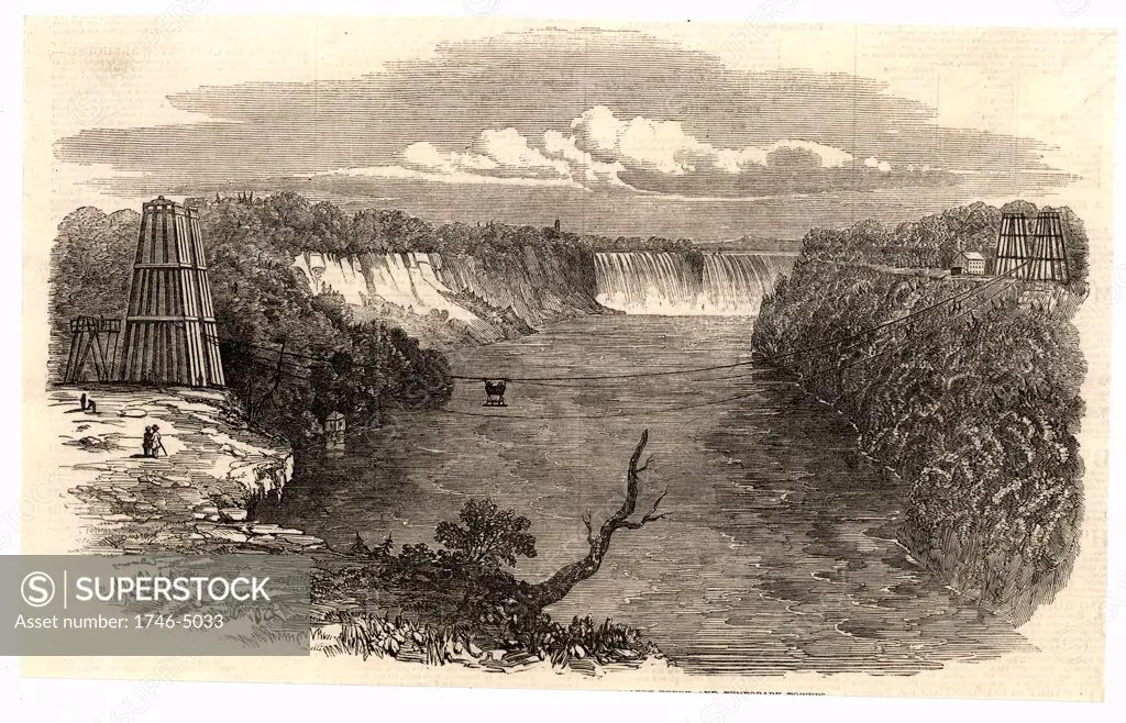 Construction of a suspension bridge at the Niagara Falls, North America.  Temporary timber towers and rope basket ferry in operation, establishing a temporary link between the two banks. From The Illustrated London News(London, 17 February 1849).