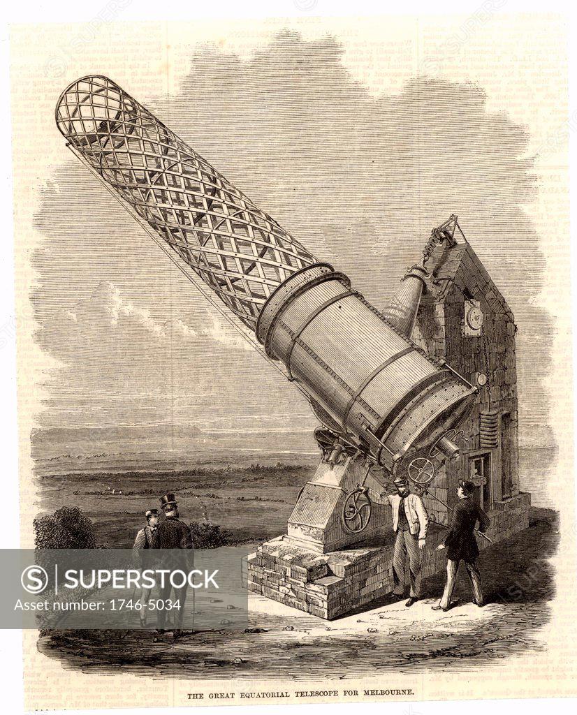 Stock Photo: 1746-5034 The Great Melbourne Telescope on a temporary mounting in Ireland before being shipped out to Australia.  Built by Grubbs of Dublin this instrument, a Cassegrain reflector, had a 48 inch (122 cm) speculum metal mirror and was fully steerable.  Part of the tube was built in lattice form to reduce weight. From The Illustrated London News (London, 14 November 1868).