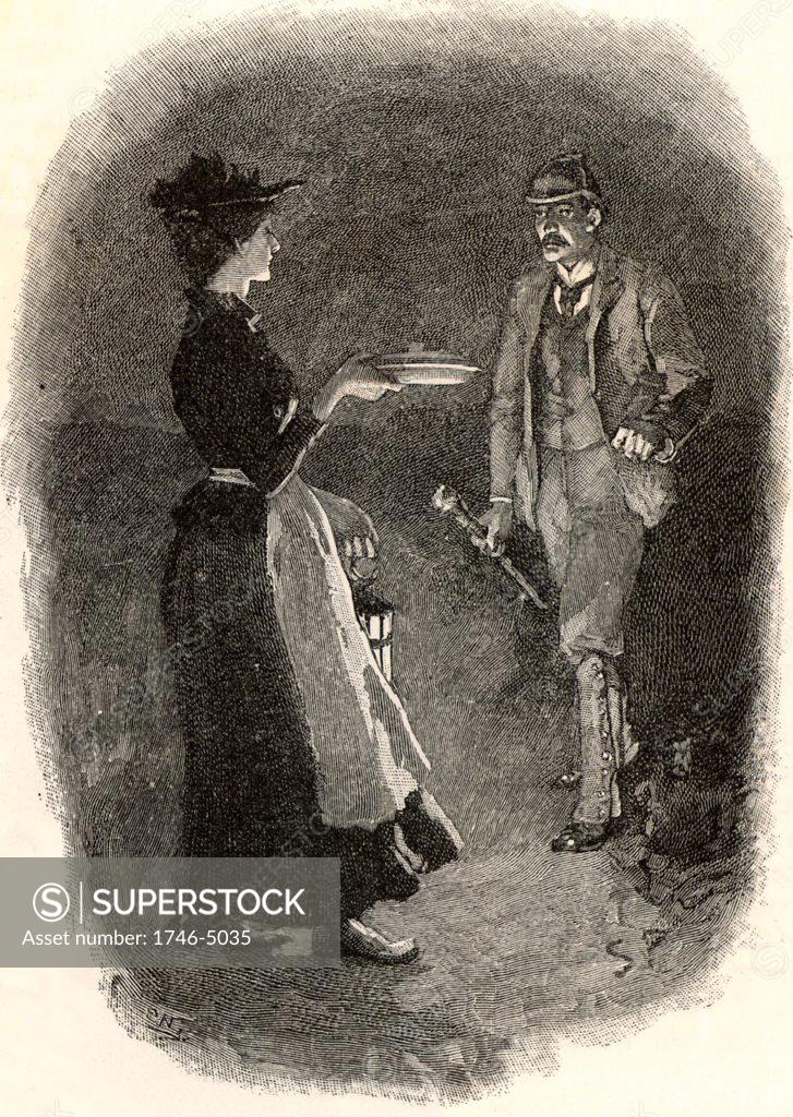 Stock Photo: 1746-5035 The Adventure of Silver Blaze'.  The maid meeting Fitzroy Simpson, the prime murder suspect, on her way to Silver Blaze's stable with the stable lad's supper.  From The Adventures of Sherlock Holmes by Arthur Conan Doyle from The Strand Magazine (London, 1892). Illustration by Sidney E Paget, the first artist to draw Sherlock Holmes.  Engraving.