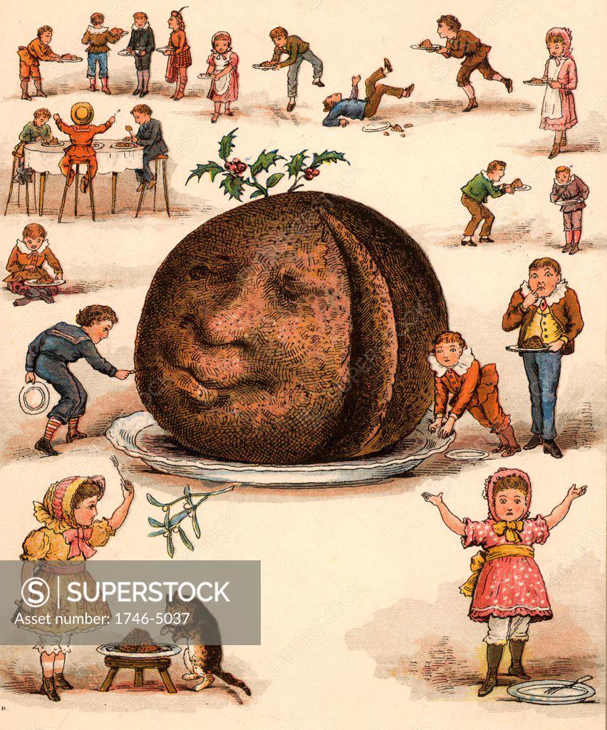 Stock Photo: 1746-5037 Twice Ten are Twenty,/We shall all have plenty,/Each a slice, how very nice!/Twice ten are ?'.  From The Merry Multiplication Table by Irving Montague (London c1870). Chromolithograph.