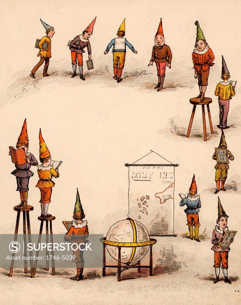 Stock Photo: 1746-5039 Twice Six are Twelve,/Leave dunces to themselves,/Naughty chaps, to paint their caps./Twice six are ?'.  From The Merry Multiplication Table by Irving Montague (London c1870). Chromolithograph.