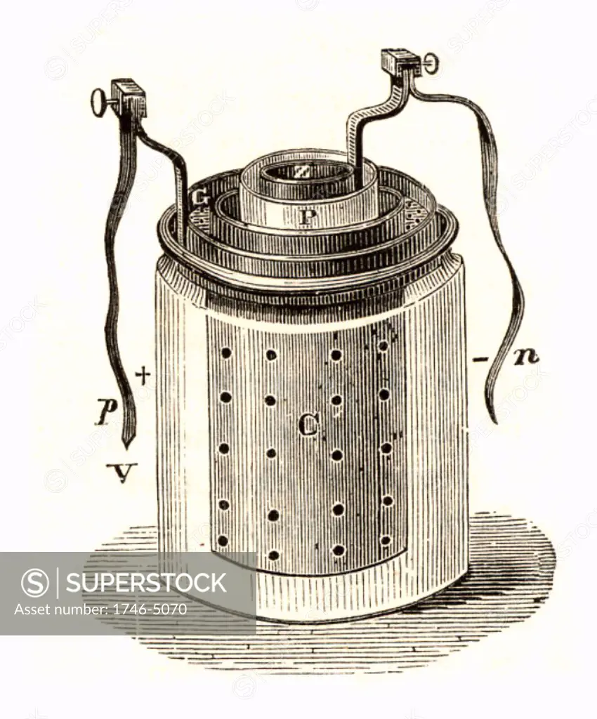 Daniell cell (1836) a wet storage battery invented by the English chemist John Frederic Daniell (1790-1845). Engraving from Natural Philosophy by A Ganot (London, 1887).