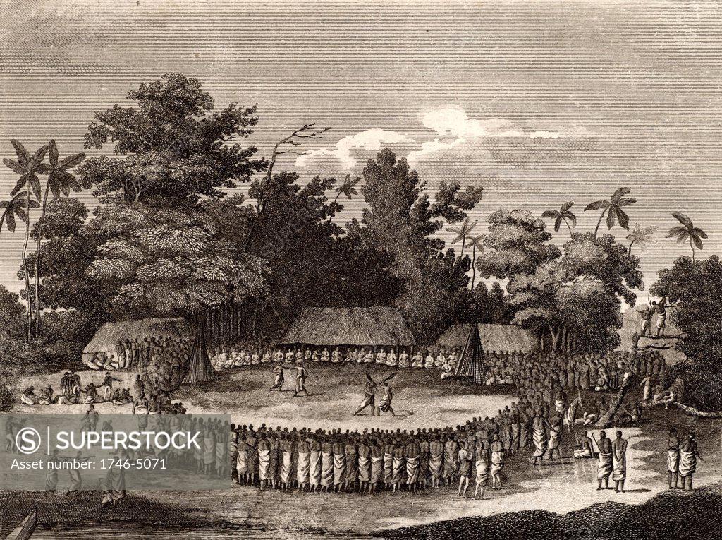 Stock Photo: 1746-5071 The Reception of Captain Cook in Hapaee'. Ceremonial reception of James Cook (1728-1779) British navigator, explorer and cartographer on his visit to the Friendly Islands (Tonga) on his second voyage in 1773.   Engraving from Captain Cook's Original Voyages Round the World (Woodbridge, Suffolk, c1815).