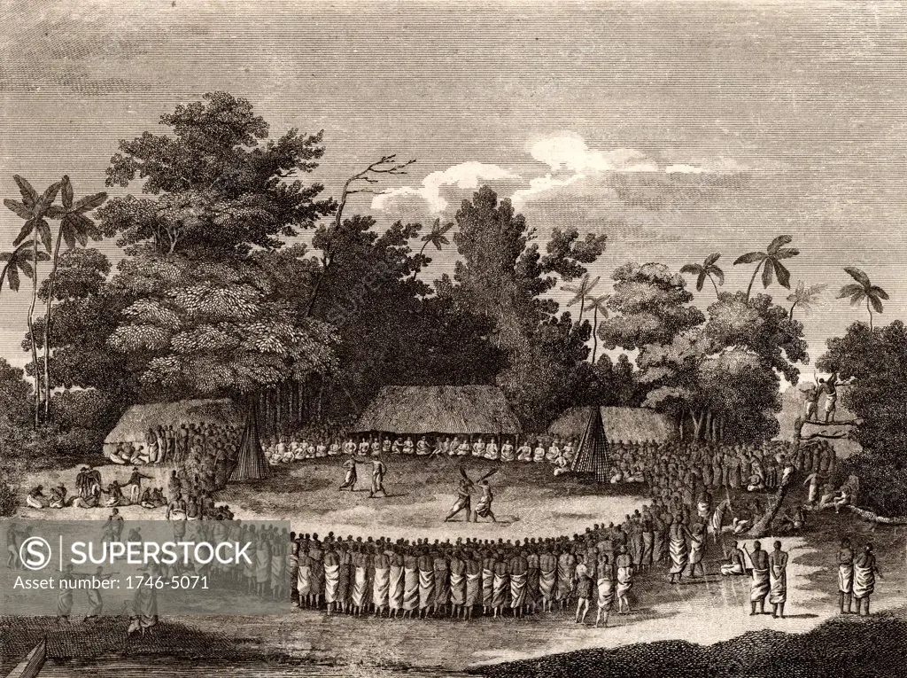 The Reception of Captain Cook in Hapaee'. Ceremonial reception of James Cook (1728-1779) British navigator, explorer and cartographer on his visit to the Friendly Islands (Tonga) on his second voyage in 1773.   Engraving from Captain Cook's Original Voyages Round the World (Woodbridge, Suffolk, c1815).