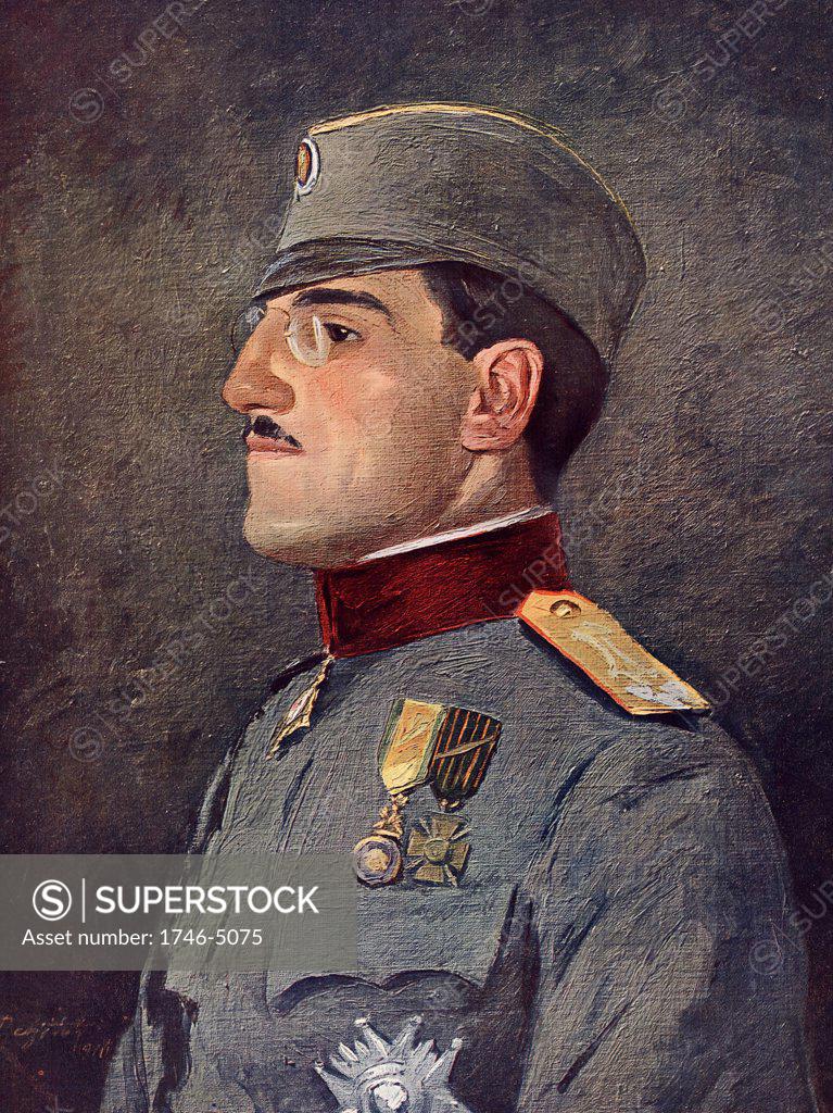 Stock Photo: 1746-5075 Prince Alexander of Serbia c1916. Appointed Regent of  Serbia in 1916, during the First World War he was supreme commander of the Serbain Army. As Alexander I of Yugoslavia (1888-1934) also called King Alexander Unificator, he became king of Serbia, Croatia and Slovenia (1921-1929) and king of Yugoslavia (1929-1934).   While in Marseilles in 1934 on a state visit to France he was assassinated by a Macdonian terrorist in the pay of Croatia.