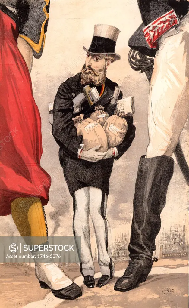Leopold II of Belgium (1835-1909). Reigned from 1865. 'Un roi constituionnel' cartoon by 'Coide' (JJ Tissot - 1836-1902) for Vanity Fair (London, 9 September 1869).  This shows Leopold clasping the wealth of industrious Belgium while keeping a wary eye on the jackboot of Germany and  the foot of France, Belgium's  threatening neighbours. Chromolithograph.