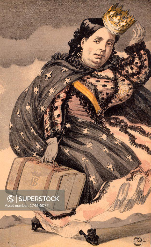 Stock Photo: 1746-5077 Isabella II (1830-1904) Queen of Spain (1833-1870).  Isabella, clutching her suitcase and trying to catch her falling crown, being blown out of Spain. The caption reads 'She has throughout her life been betrayed by those who should have been most faithful to her.' Cartoon by 'Coide' (JJ Tissot - 1836-1902) for Vanity Fair (London, 18 September 1869).  Chromolithograph.