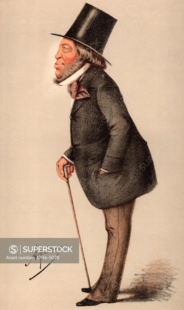 Stock Photo: 1746-5078 Meyer Amschel de Rothschild (1818-1874) English sportsman and art collector, fourth son of Nathan Meyer Rothschild. Liberal Member of Parliament for Hythe, Kent (1859-1874). Cartoon by 'Ape' (Carlo Pellegrini - 1838-1889)  from Vanity Fair, London, 27 May 1871.  Chromolithograph.