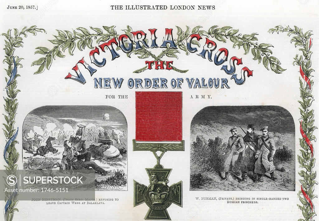 Stock Photo: 1746-5151 Victoria Cross: reward for gallantry instituted 1856 for all ranks of army and navy. First conferred by Queen Victoria on 62 men June 1857. Maltese cross made from Russian cannon captured at Sebastopol; red ribbon army, blue ribbon navy. From The Illustrated London News June 1857.