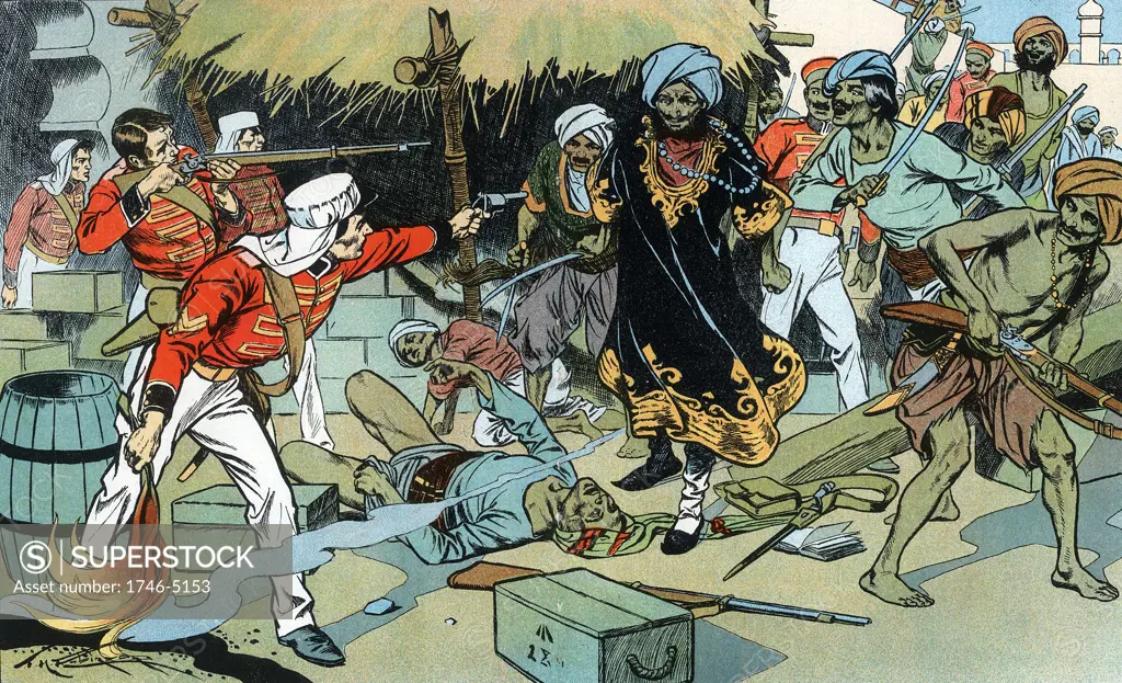 Indian Mutiny, also known as the Sepoy Mutiny or The Great War of Independence : Mutineers attacking magazine at Delhi 11 May 1857.  Lieutenant Willoughby, who died of his wounds, gave the order to the defending garrison to exploded magazine, so denying the rebels supplies of arms and ammunition. Colour-printed lithograph c1900.