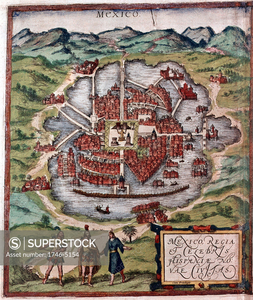 Stock Photo: 1746-5154 Mexico City in early 16th century. Depiction probably based on sketch in Cortes' (Cortez) book of 1524. British Museum.