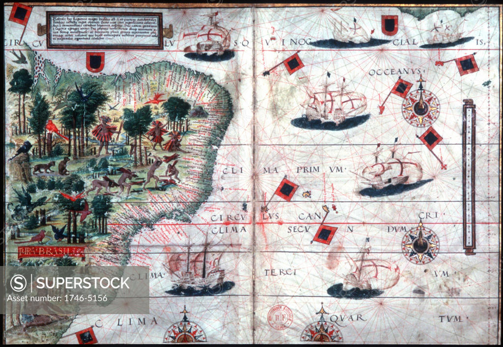 Stock Photo: 1746-5156 Map of Brazil by Pedro Reinel and Lopo Homen c1525.