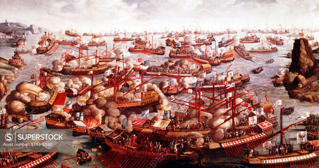 Stock Photo: 1746-5160 Battle of Lepanto, October 1571. Fleets of Spain, Venice and the Pope, under command of Don John Juan of Austria, defeated the Turks in the last great sea battle involving Galleys. Artist unknown. Oil on canvas.