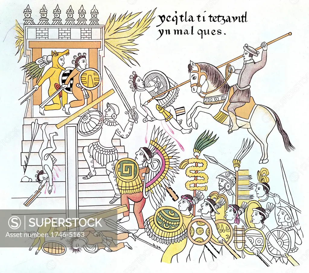 Spanish conquistadors with their native Tlazcalan allies attack an Aztec temple. Copy of section of drawings of Lienzo de Tlazcala lost during Mexican revolution in 19th century