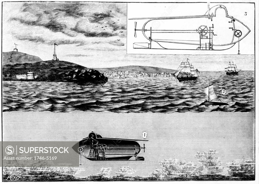 Stock Photo: 1746-5169 Robert Fulton, American inventor and engineer (1765-1815): His submarine Nautilus . 1)Travelling on surface:  2)Submerged. Fulton demonstrated the vessel on the Seine, May 1801. Boat powered manually. Engraving Paris 1901