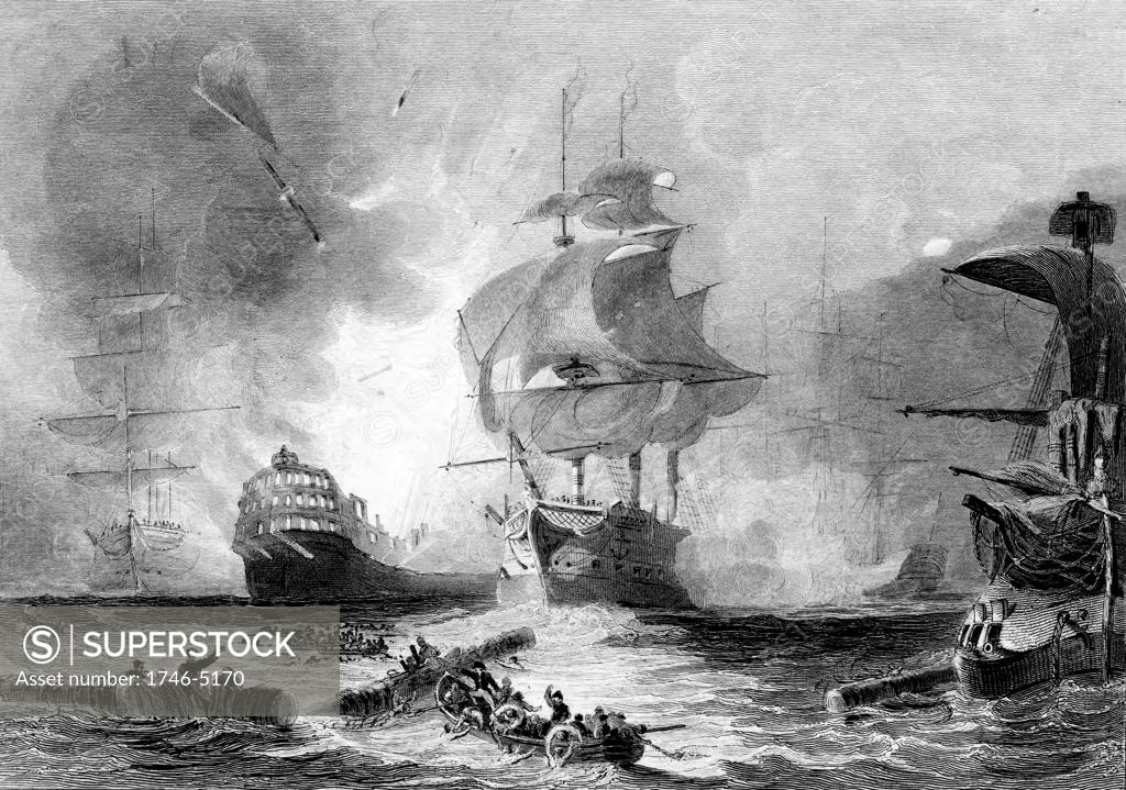 Stock Photo: 1746-5170 Battle of the Nile, 1 August 1798. English fleet under Nelson destroyed French fleet in Abuokir or Abu Qir Bay. Battle fought at night. French vessel 'L'Orient' exploding at about 10 o'clock. Engraving
